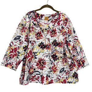 Ruby Rd Womens 3X Boho Floral V-Neck Top Beaded 3/4 Sleeve Fall Colorful Artsy
